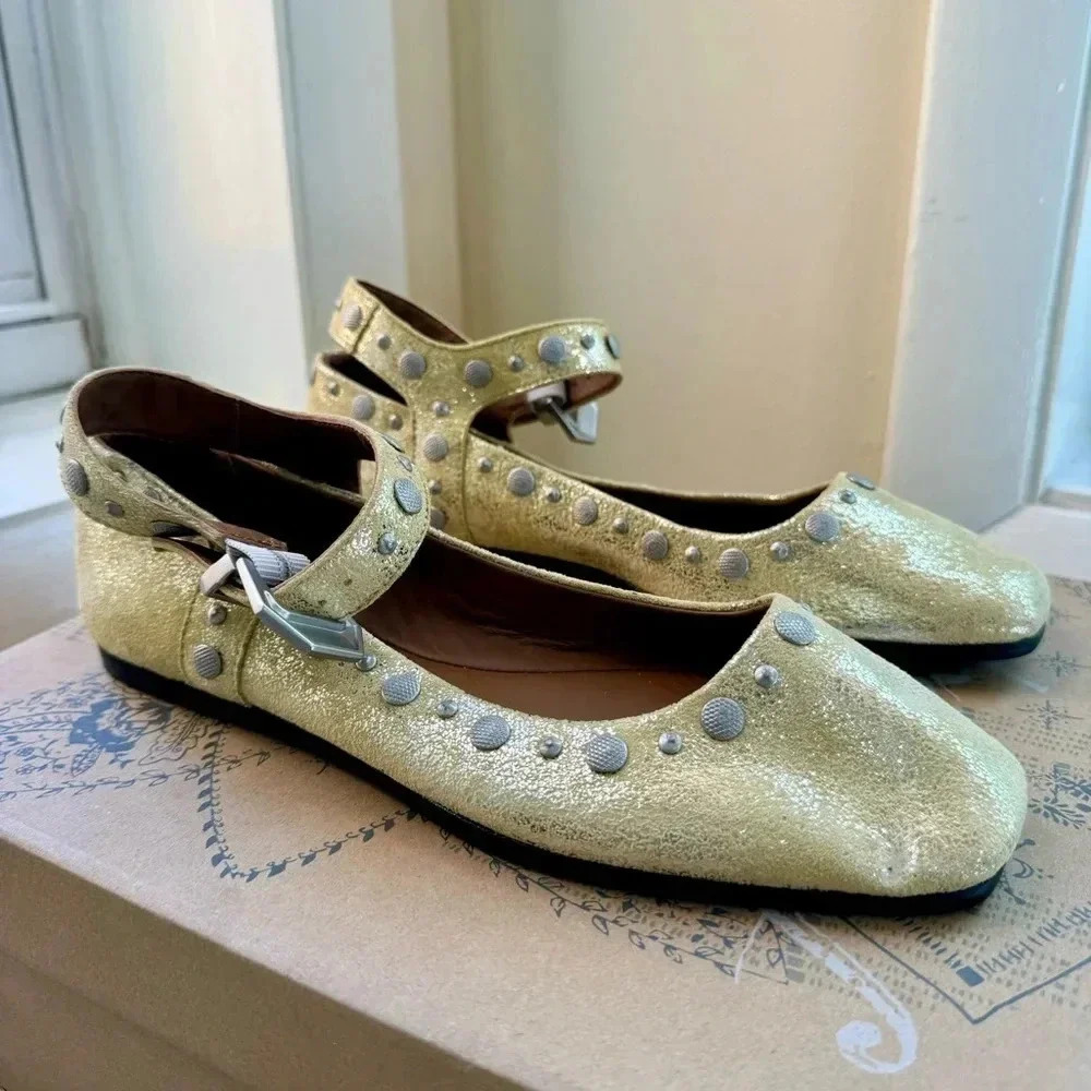 New Free People Mystic Mary Jane Flats Studded Yellow 7 - Picture 8 of 15